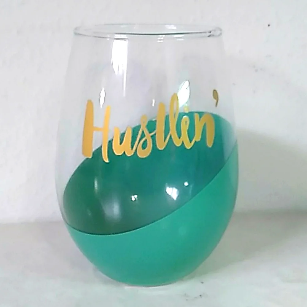 NWT stemless wine glass hustlin' gold & Teal